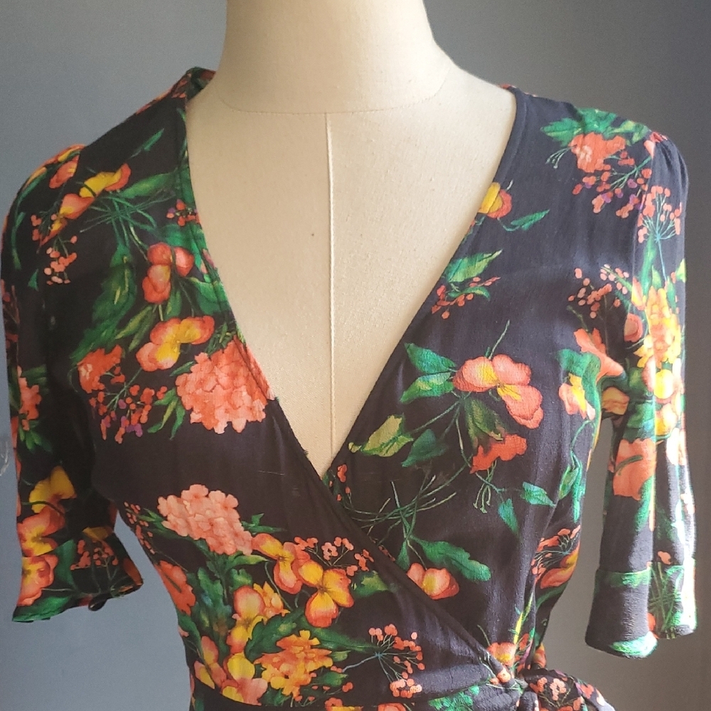 Zara Black Floral Wrap  Dress with Pink, Orange & Green Accents - Picture 5 of 13